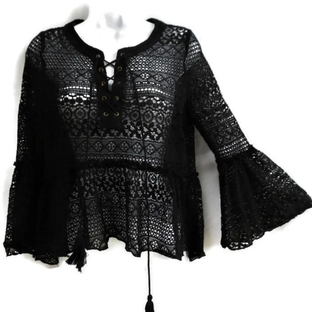 Paper Crane Lace Flounce Bell Sleeves Lace Up Tassels Ruffle Peplum Black M